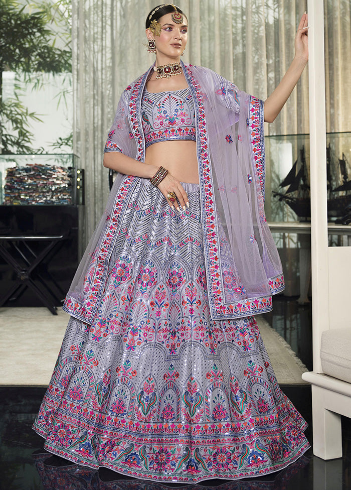 Violet Semi Stitched Silk Sequence Embroidered Lehenga Choli - Indian Silk House Agencies