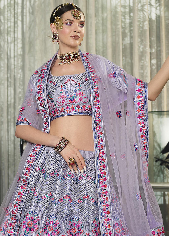 Violet Semi Stitched Silk Sequence Embroidered Lehenga Choli - Indian Silk House Agencies