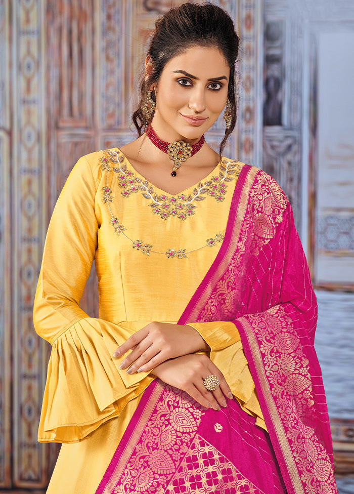 3 Pc Yellow Pure Silk Suit Set With Dupatta VDKSH211272 - Indian Silk House Agencies