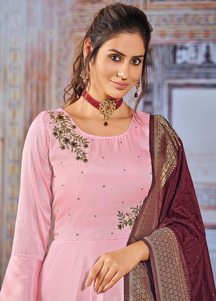 3 Pc Pink Pure Silk Suit Set With Dupatta VDKSH211273 - Indian Silk House Agencies