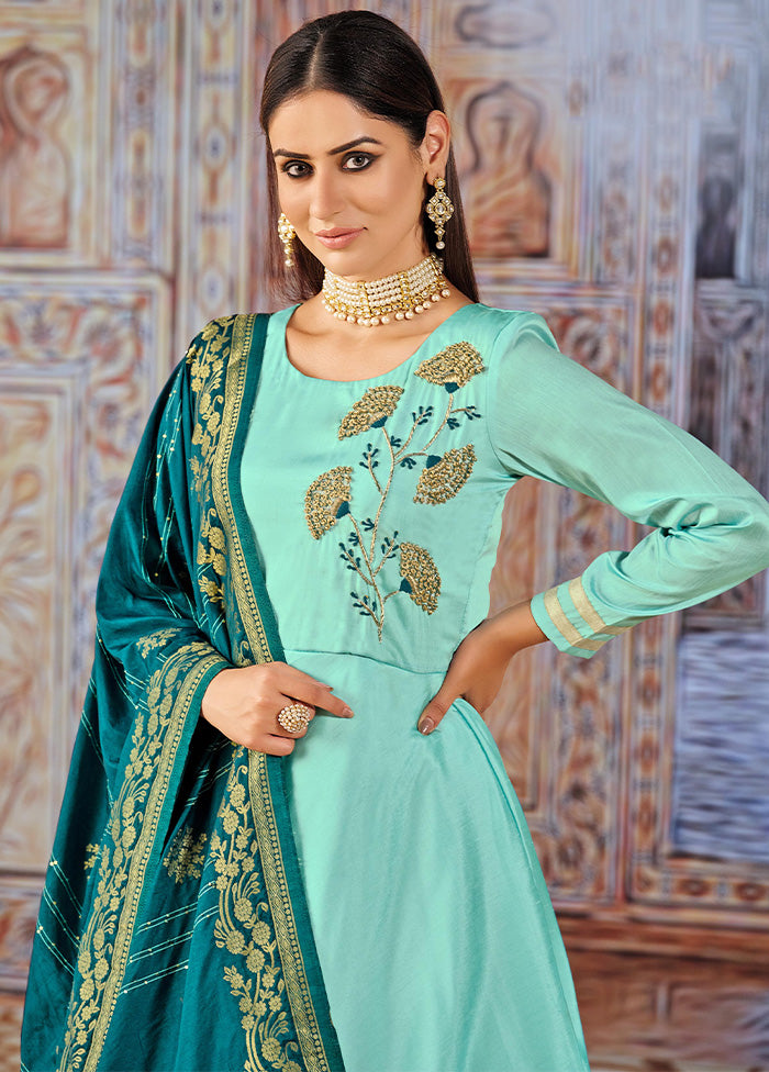 3 Pc Green Pure Silk Suit Set With Dupatta VDKSH211274 - Indian Silk House Agencies