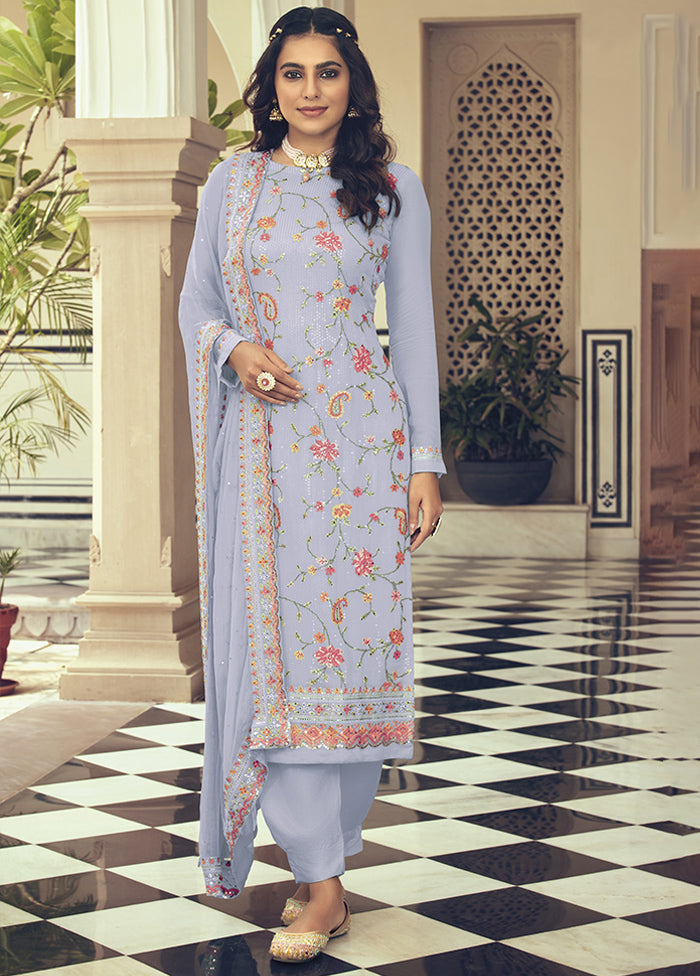 3 Pc Blue Semi Stitched Georgette Suit Set With Dupatta VDKSH211284 - Indian Silk House Agencies