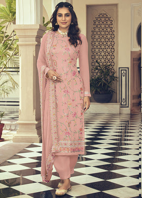 3 Pc Peach Semi Stitched Georgette Suit Set With Dupatta VDKSH211285 - Indian Silk House Agencies