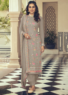3 Pc Grey Semi Stitched Georgette Suit Set With Dupatta VDKSH211286 - Indian Silk House Agencies
