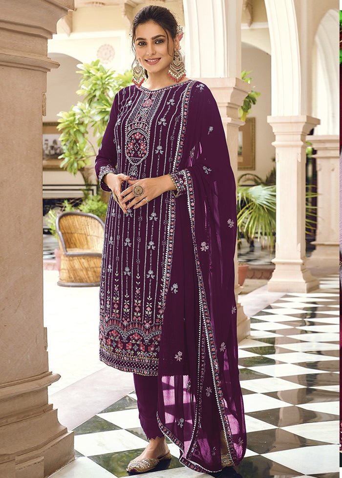 3 Pc Purple Semi Stitched Georgette Suit Set With Dupatta VDKSH211299 - Indian Silk House Agencies