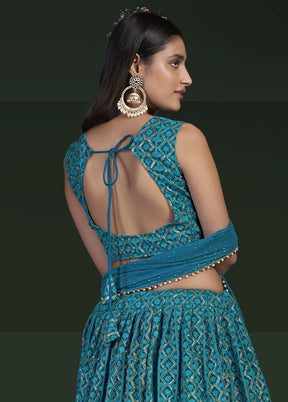 Blue Semi Stitched Embroidered Lehenga Choli Set With Dupatta - Indian Silk House Agencies