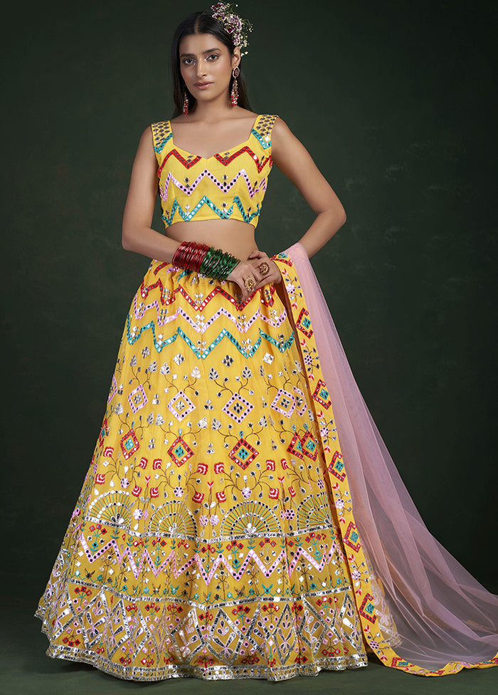 Yellow Semi Stitched Embroidered Lehenga Choli Set With Dupatta - Indian Silk House Agencies