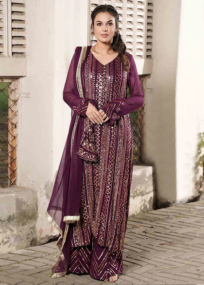 3 Pc Wine Semi Stitched Georgette Suit Set With Dupatta VDKSH912269 - Indian Silk House Agencies