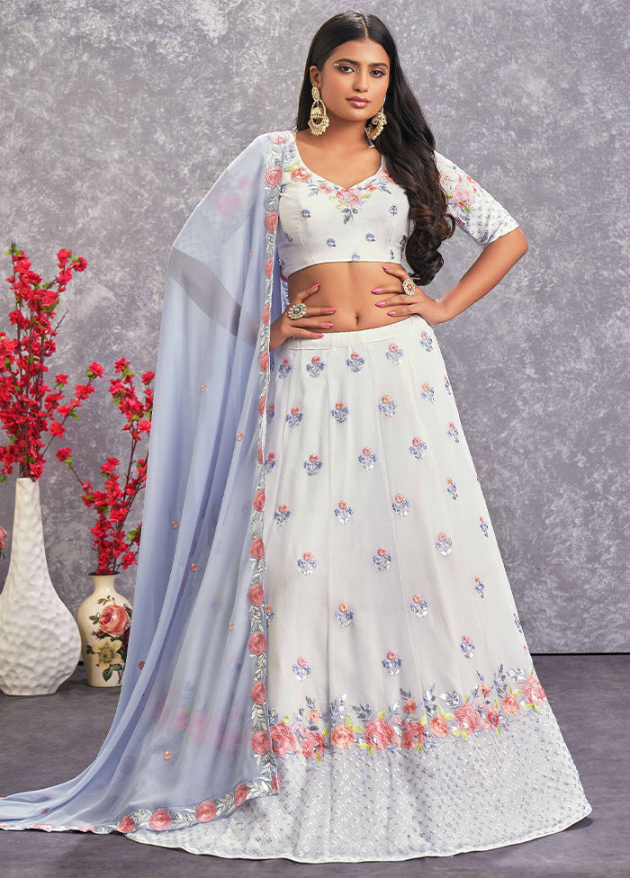 White Semi Stitched Blended Georgette Lehenga Choli Set With Dupatta - Indian Silk House Agencies