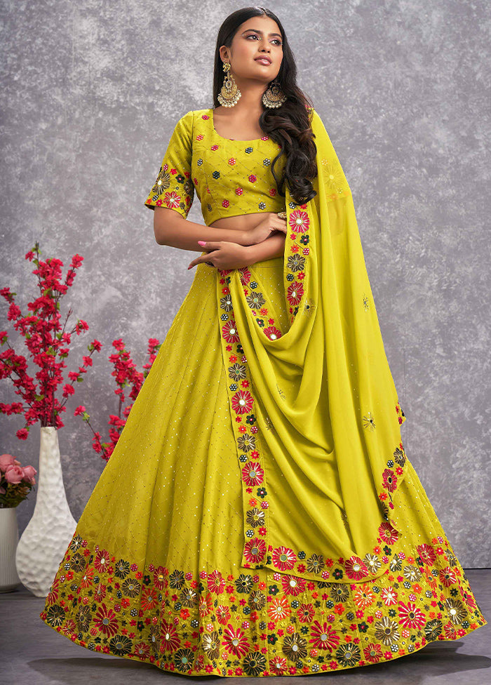 Yellow Semi Stitched Blended Georgette Lehenga Choli Set With Dupatta - Indian Silk House Agencies