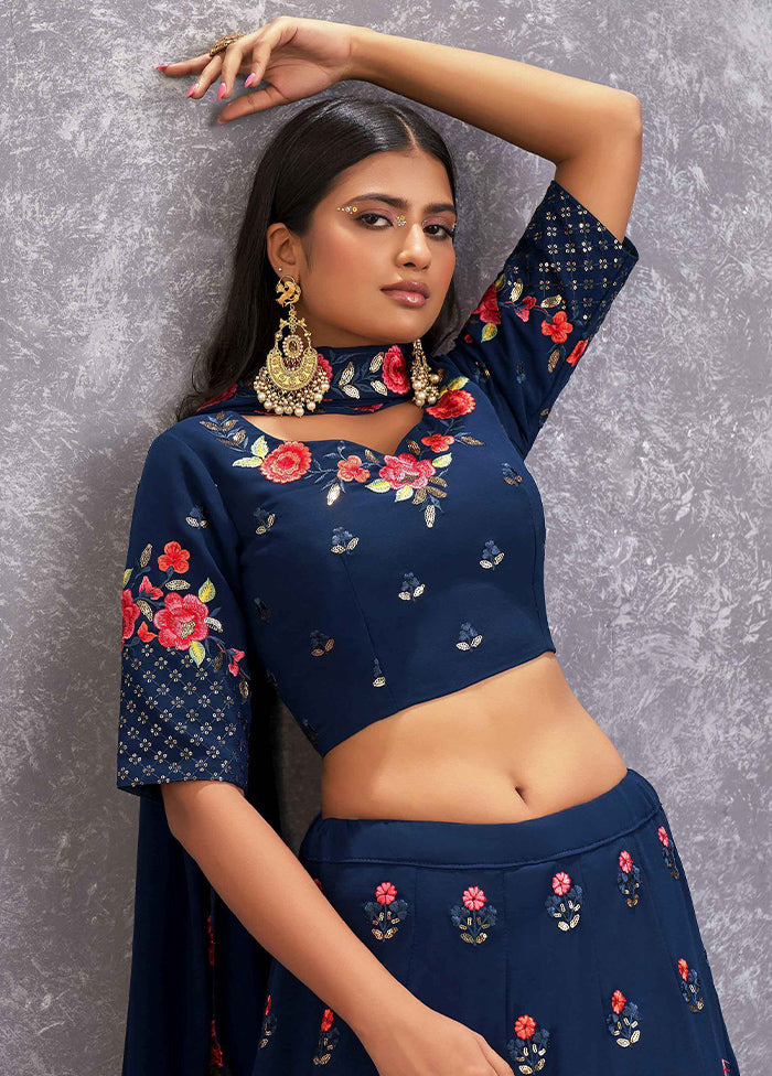 Teal Blue Semi Stitched Blended Georgette Lehenga Choli Set With Dupatta - Indian Silk House Agencies