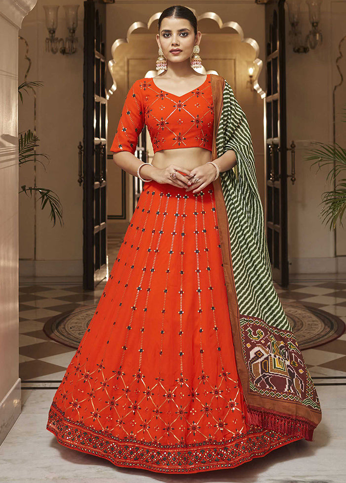 Orange Semi Stitched Blended Georgette Lehenga Choli Set With Dupatta - Indian Silk House Agencies