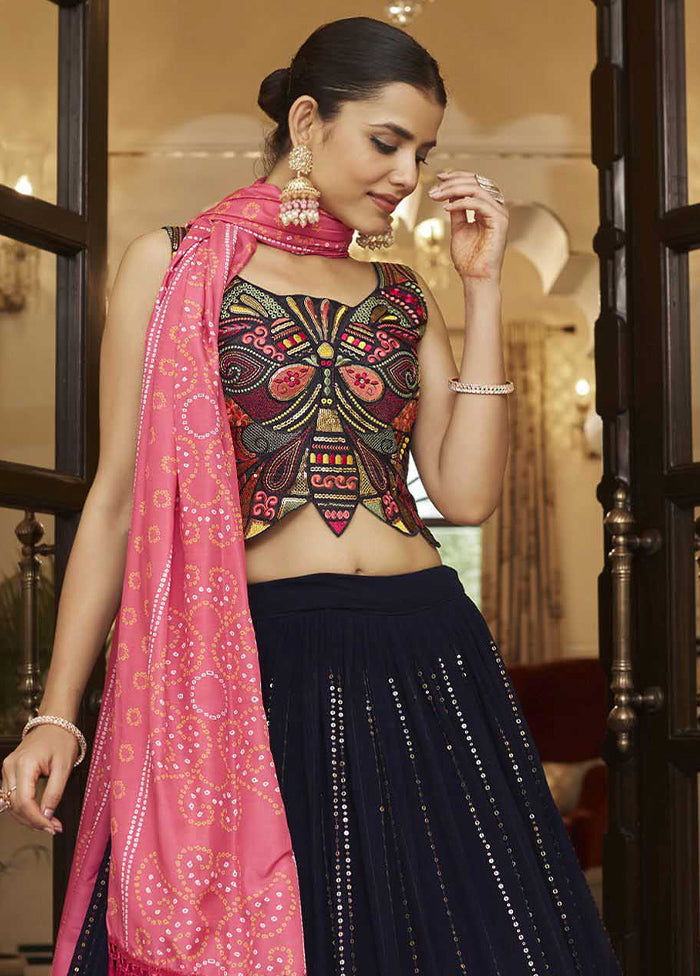 Blue Semi Stitched Blended Georgette Lehenga Choli Set With Dupatta - Indian Silk House Agencies