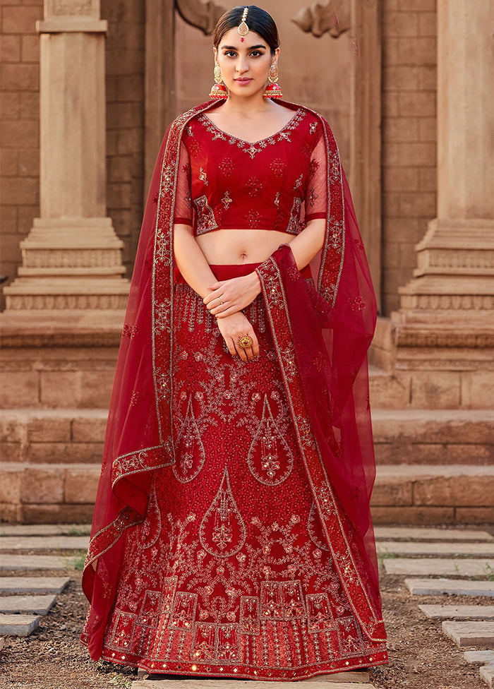 Red Semi Stitched Net Lehenga Choli Set With Dupatta - Indian Silk House Agencies