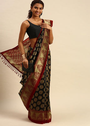 Black Spun Silk Saree With Blouse Piece - Indian Silk House Agencies