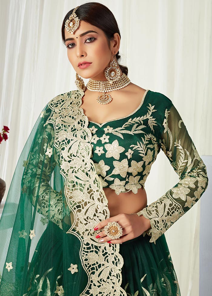 Green Semi Stitched Net Lehenga Choli Set With Dupatta - Indian Silk House Agencies
