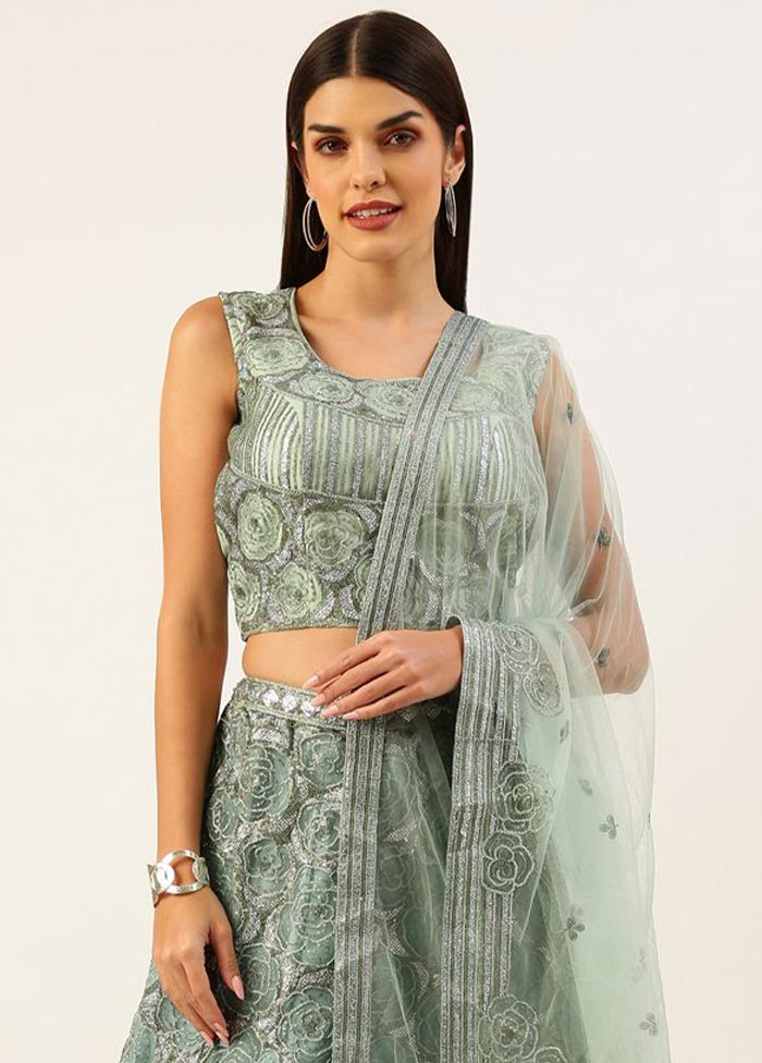 3 Pc Sea Green Semi Stitched Net Lehenga Choli Set With Dupatta - Indian Silk House Agencies