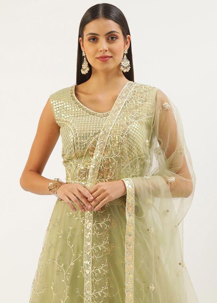3 Pc Green Semi Stitched Net Lehenga Choli Set With Dupatta - Indian Silk House Agencies
