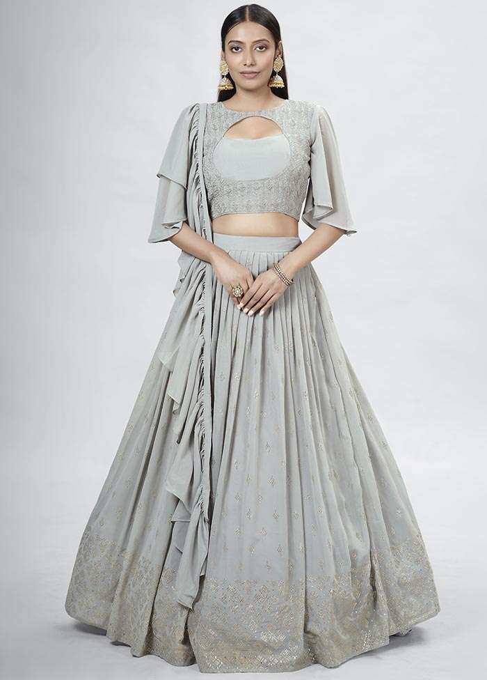 Grey Semi Stitched Georgette Lehenga Choli Set With Dupatta - Indian Silk House Agencies