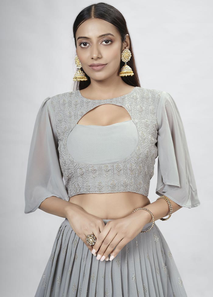 Grey Semi Stitched Georgette Lehenga Choli Set With Dupatta - Indian Silk House Agencies
