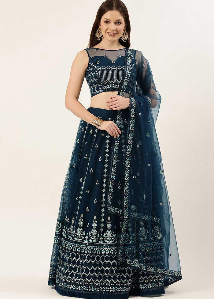 Navy Blue Net Embroidered Semi Stitched Lehenga With Dupatta - Indian Silk House Agencies