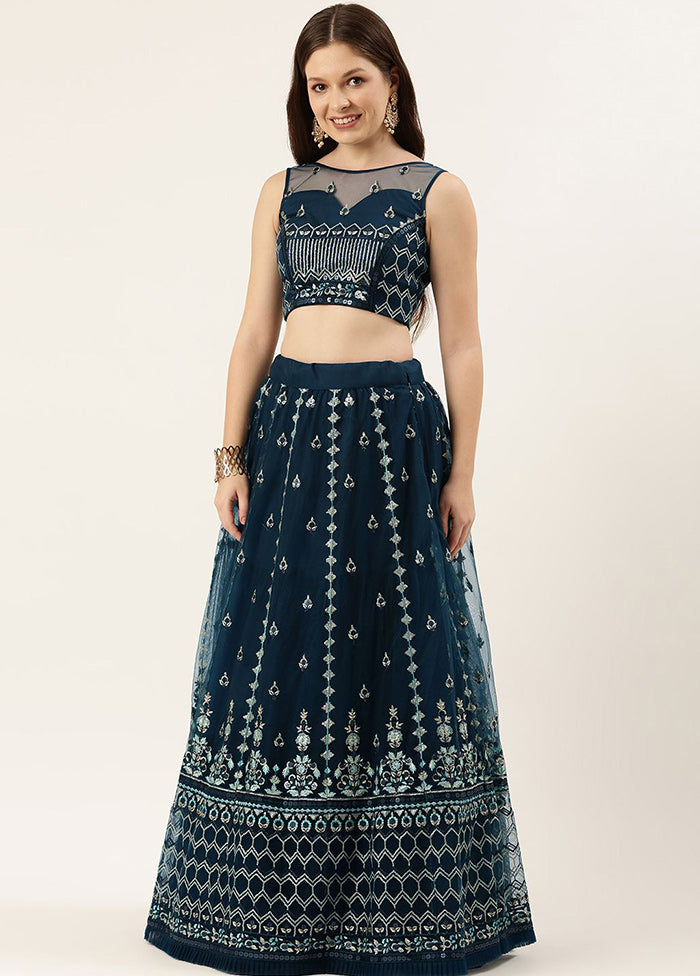 Navy Blue Net Embroidered Semi Stitched Lehenga With Dupatta - Indian Silk House Agencies