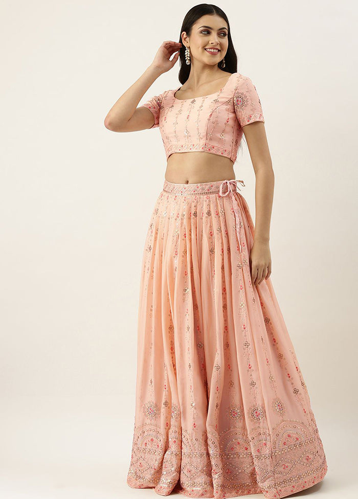 Peach Georgette Embroidered Semi Stitched Lehenga With Dupatta - Indian Silk House Agencies