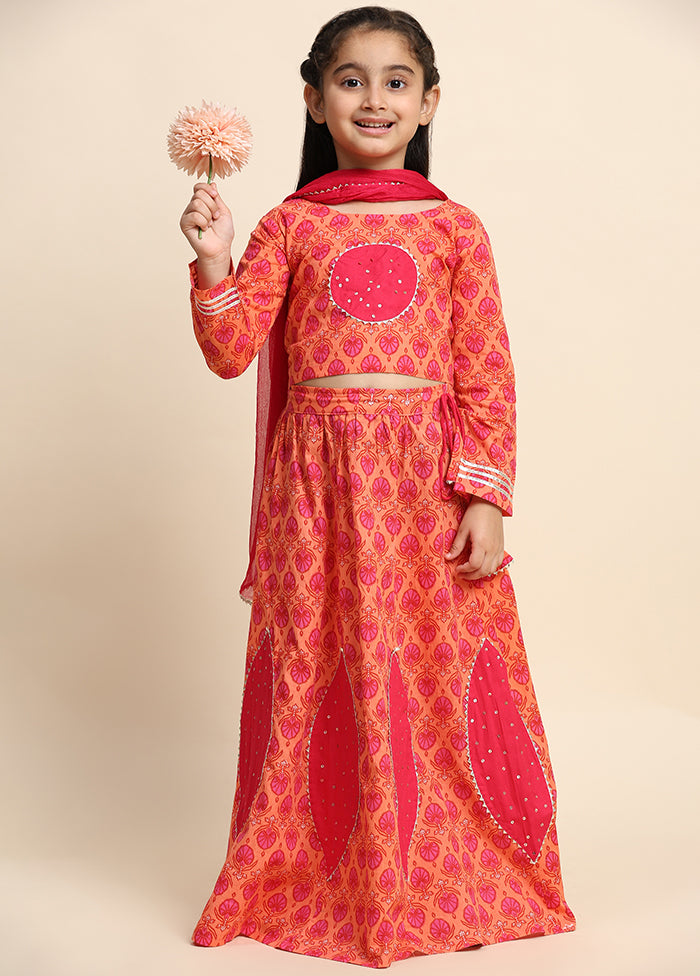 Orange Cotton Full Sleeves Round Neckshape Lehenga