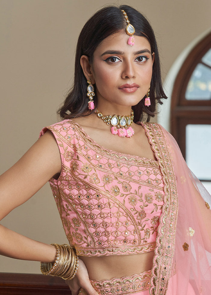 Pink Semi Stitched Embroidered Lehenga Choli Set With Dupatta - Indian Silk House Agencies