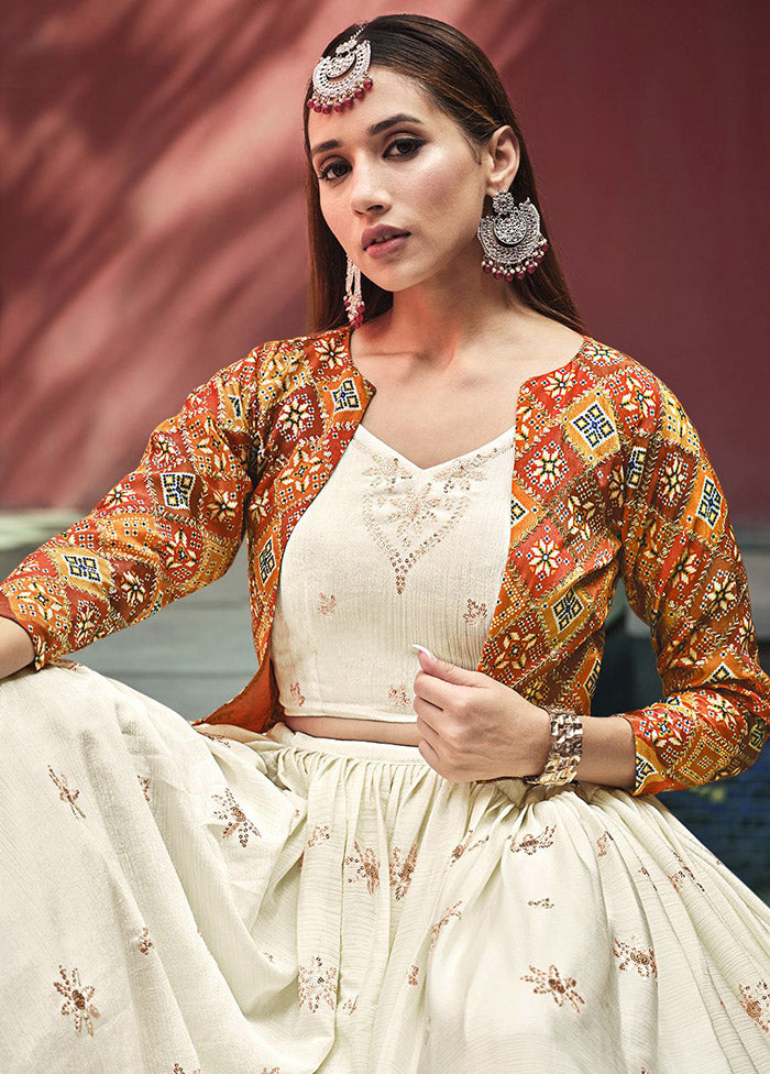 Beige Semi Stitched Embroidered Lehenga Choli Set With Dupatta - Indian Silk House Agencies