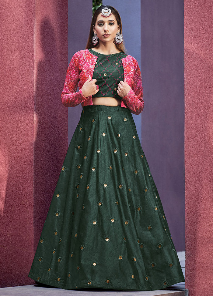 Green Semi Stitched Embroidered Lehenga Choli Set With Dupatta - Indian Silk House Agencies