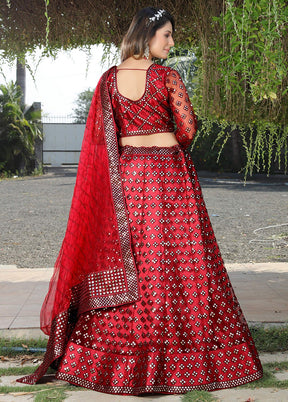 Red Semi Stitched Net Lehenga Choli Set With Dupatta - Indian Silk House Agencies