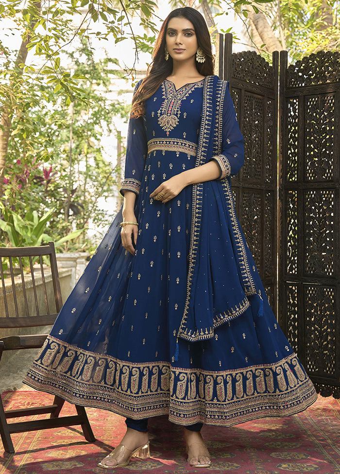 3 Pc Blue Semi Stitched Georgette Suit Set With Dupatta VDKSH11503233 - Indian Silk House Agencies