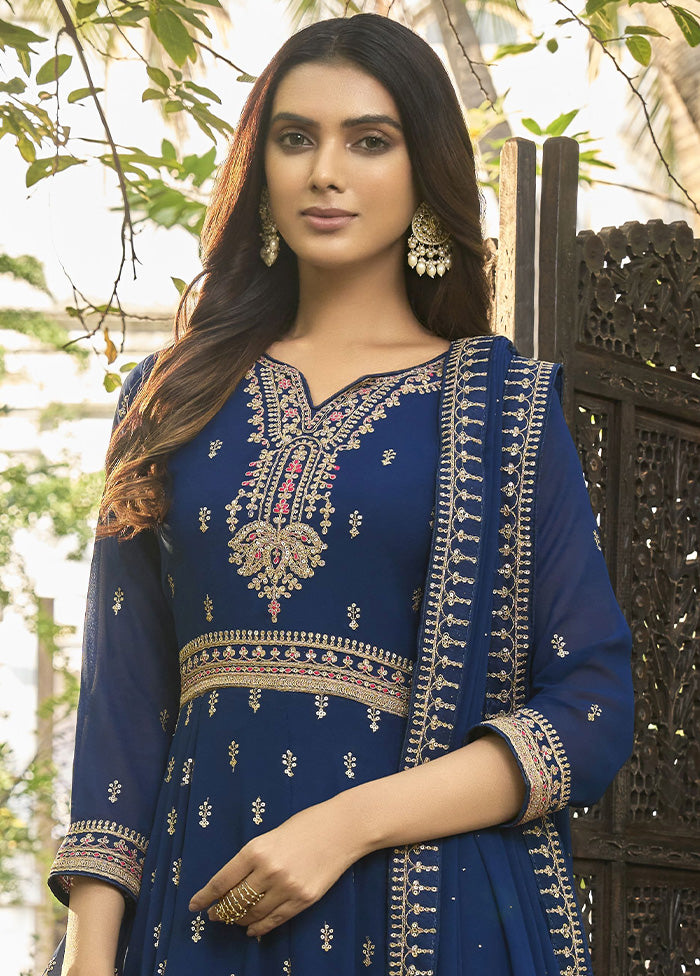 3 Pc Blue Semi Stitched Georgette Suit Set With Dupatta VDKSH11503233 - Indian Silk House Agencies