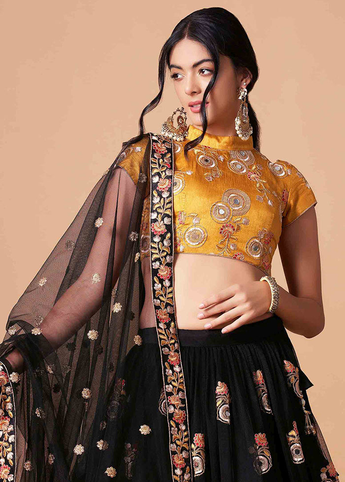 Black Semi Stitched Net Embroidered Lehenga Choli Set With Dupatta - Indian Silk House Agencies