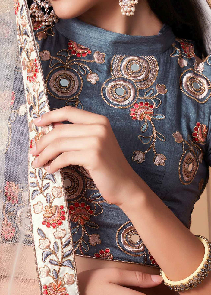 Off White Semi Stitched Net Embroidered Lehenga Choli Set With Dupatta - Indian Silk House Agencies