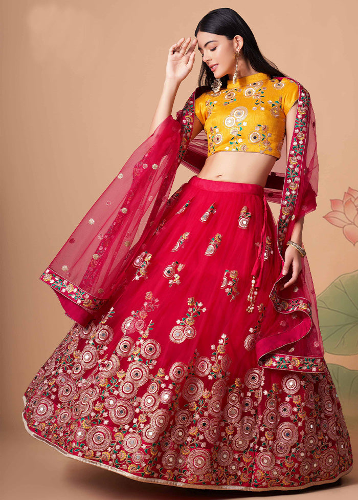 Red Semi Stitched Net Embroidered Lehenga Choli Set With Dupatta - Indian Silk House Agencies