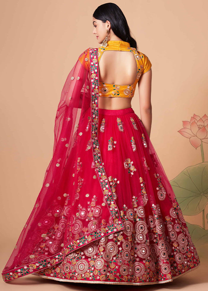 Red Semi Stitched Net Embroidered Lehenga Choli Set With Dupatta - Indian Silk House Agencies