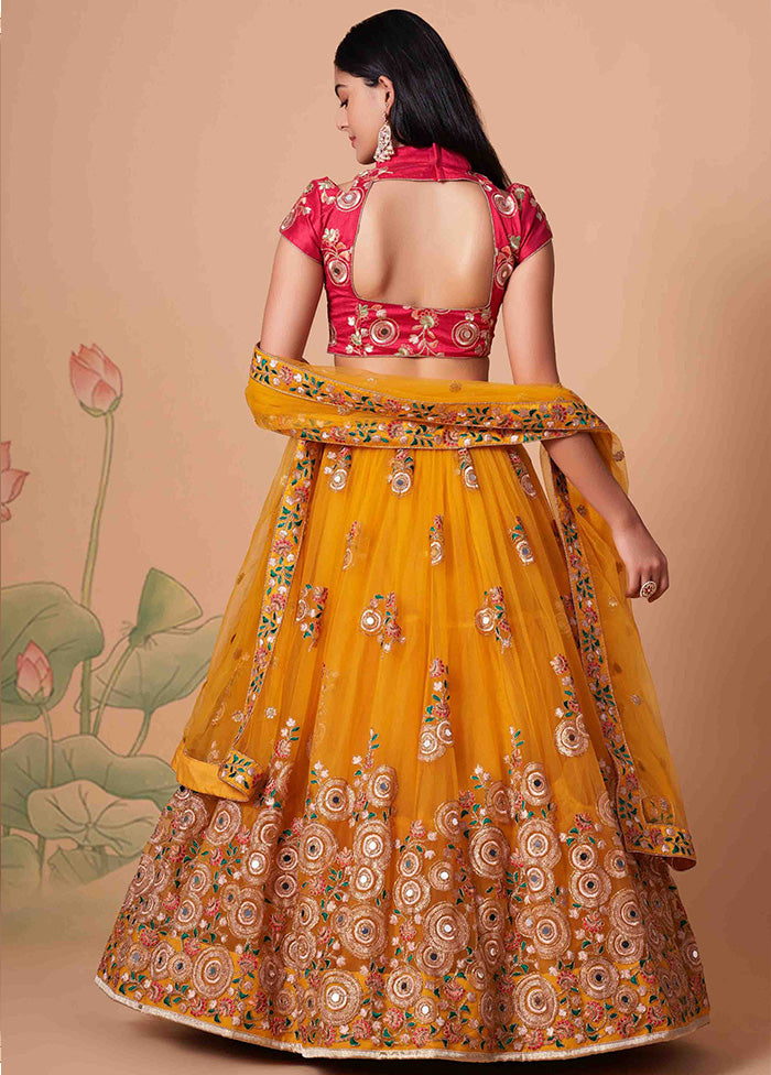 Yellow Semi Stitched Net Embroidered Lehenga Choli Set With Dupatta - Indian Silk House Agencies