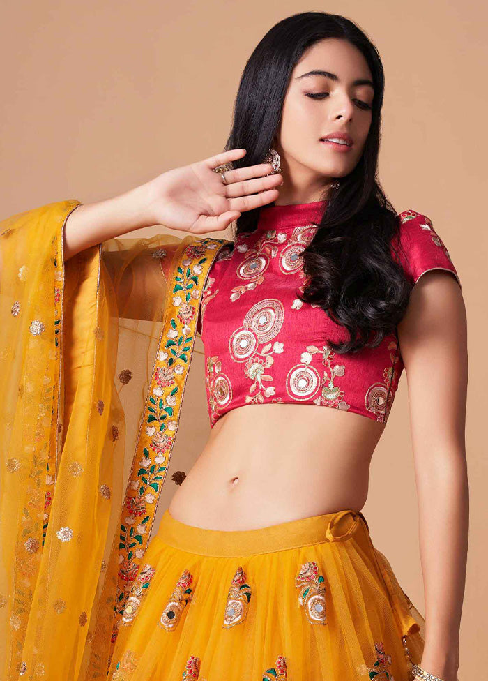 Yellow Semi Stitched Net Embroidered Lehenga Choli Set With Dupatta - Indian Silk House Agencies