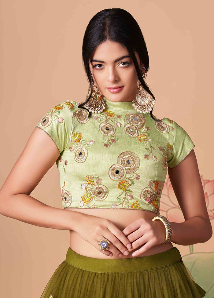Green Semi Stitched Net Embroidered Lehenga Choli Set With Dupatta - Indian Silk House Agencies
