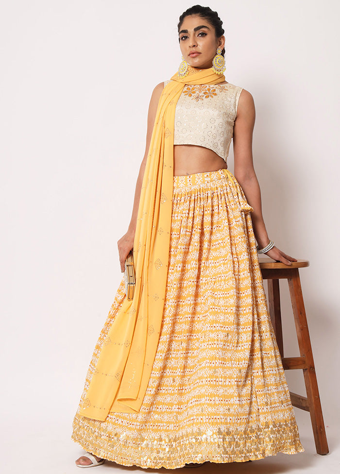 Yellow Semi Stitched Silk Embroidered Lehenga Choli Set With Dupatta - Indian Silk House Agencies