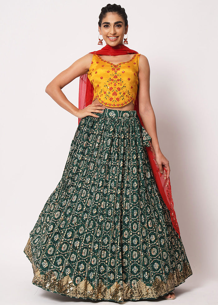 Green Semi Stitched Silk Embroidered Lehenga Choli Set With Dupatta - Indian Silk House Agencies