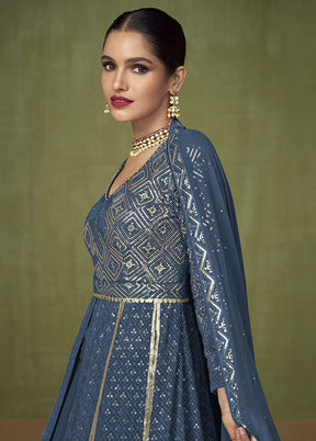 3 Pc Blue Georgette Suit Set With Dupatta VDKSH2103237 - Indian Silk House Agencies