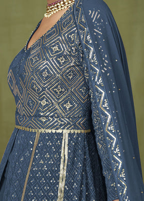 3 Pc Blue Georgette Suit Set With Dupatta VDKSH2103237 - Indian Silk House Agencies