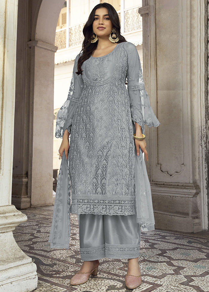 3 Pc Grey Net Suit Set With Dupatta VDKSH2103254 - Indian Silk House Agencies