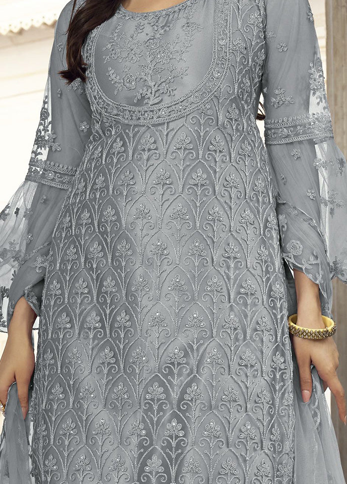 3 Pc Grey Net Suit Set With Dupatta VDKSH2103254 - Indian Silk House Agencies