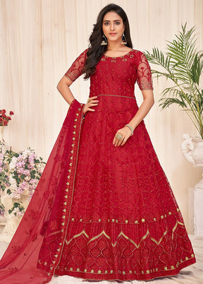 3 Pc Red Net Suit Set With Dupatta VDKSH2103266 - Indian Silk House Agencies