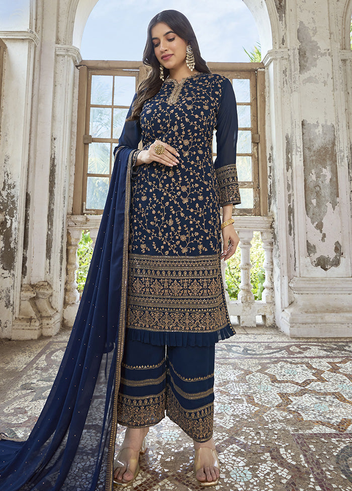 3 Pc Blue Georgette Suit Set With Dupatta VDKSH2103310 - Indian Silk House Agencies