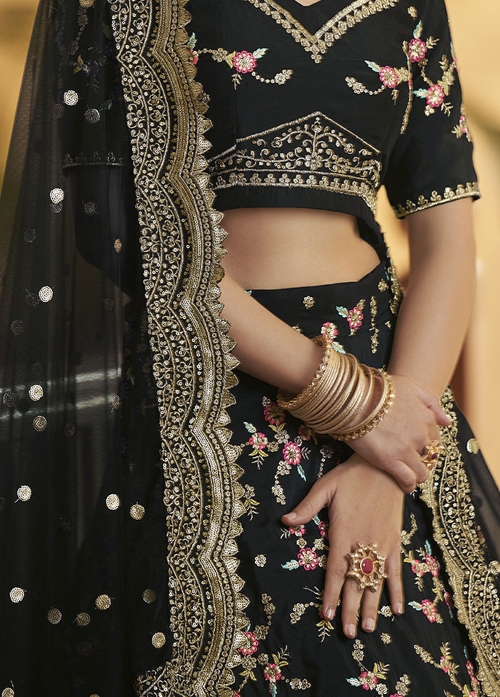 Black Semi Stitched Silk Lehenga Choli Set - Indian Silk House Agencies